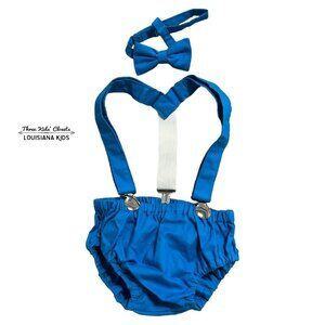 Handmade Small Shop 6-12m Blue 1st Birthday Cake Smash Bloomers Suspenders Bowti